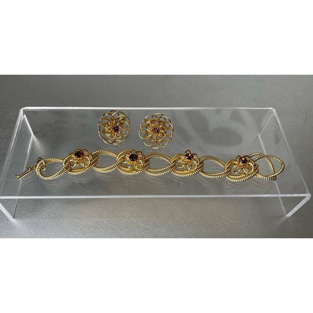 Vintage Chunky Gold Bracelet Statement Citrine & Matching Clip On Earrings Regal